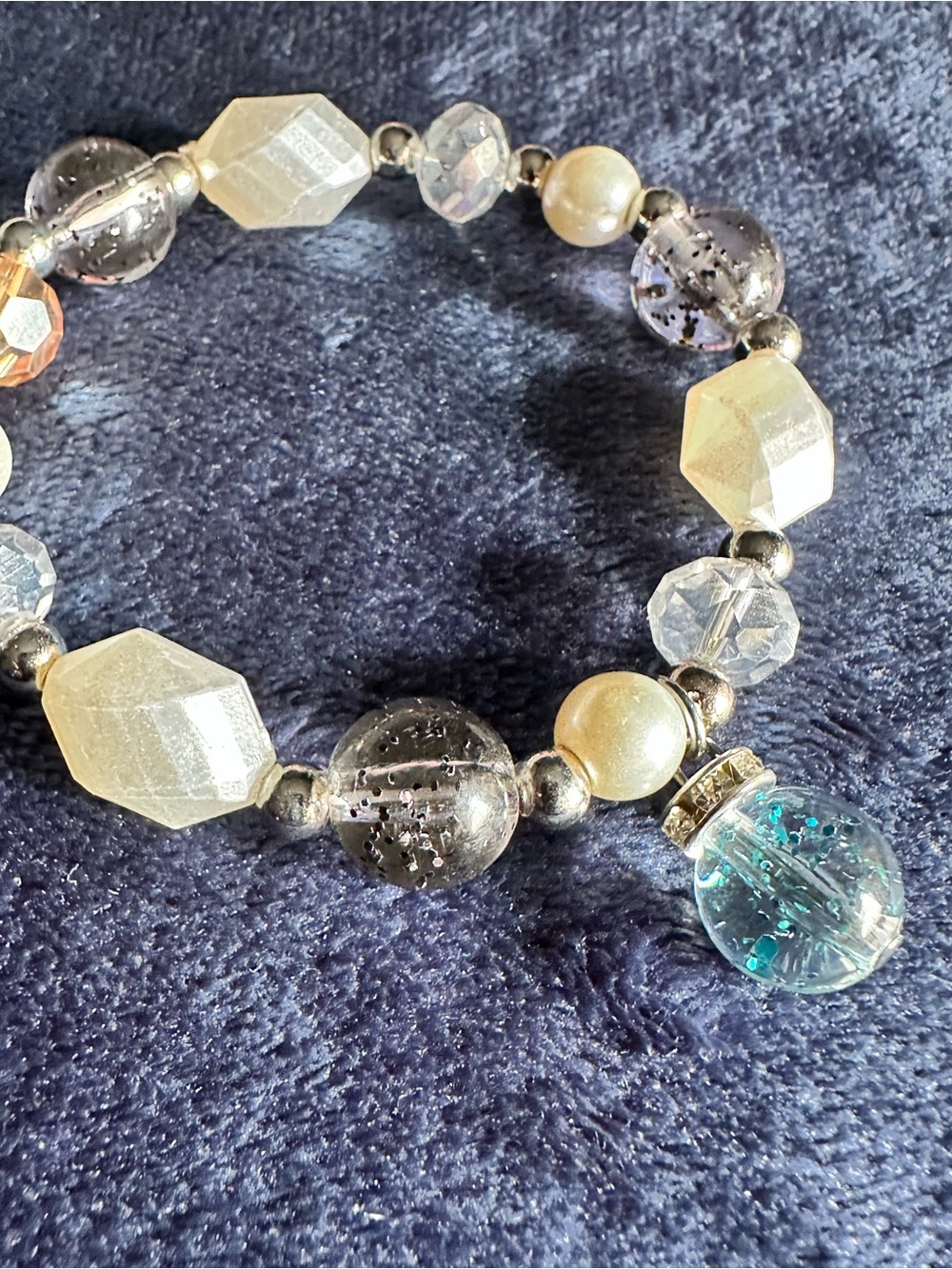 Beaded Charm Bracelet with Blue Glass Drop stretchy